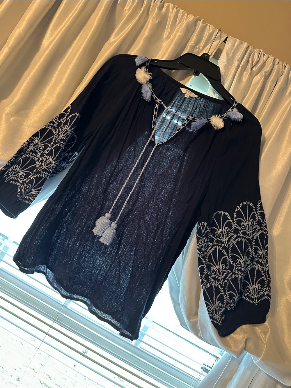 crown & ivy Navy Embroidered Tassel Peasant Tunic